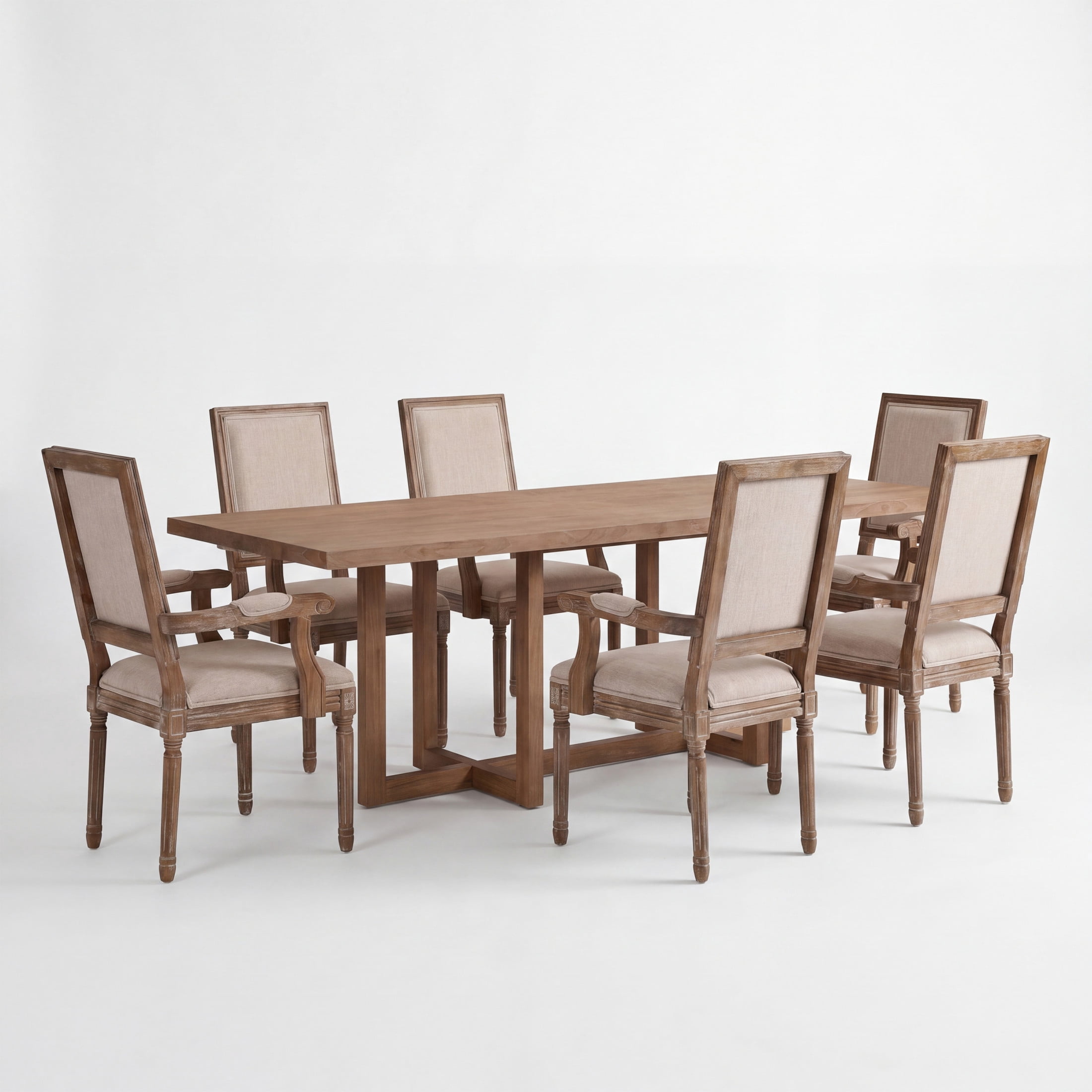 Christopher Knight Home 7-Piece French Country Dining Set, 95" Table with Upholstered Chairs, Natural+Beige