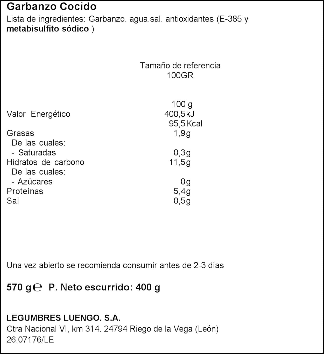 GARBANZO COCIDO C/ESPINACA CRISTAL LUENGO 400G ESCURR - LaDespensa