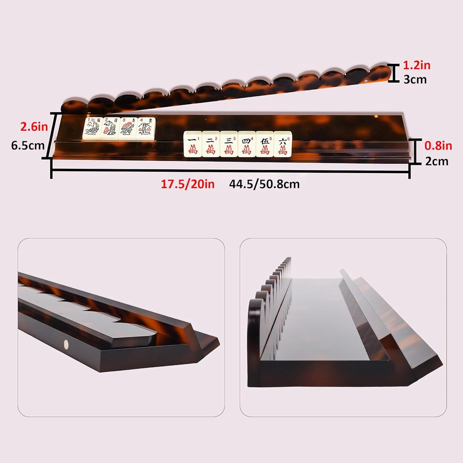 1pc Tortoise Shell Mahjong Rack with Magnetic Pusher 17.5/20 Inch Scalloped Acrylic Tile Holder for Mahjong, Single One