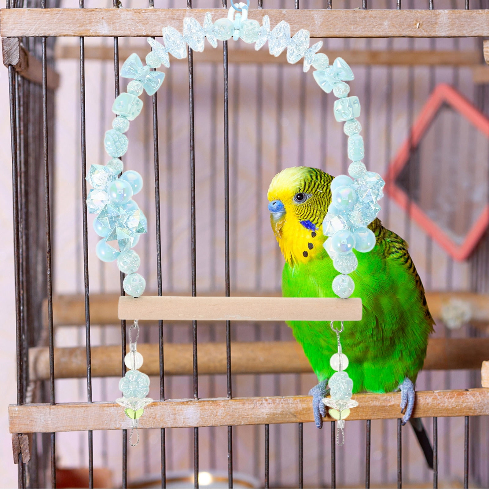 WEUVEB Blue Wooden Parakeet Swing Perch for Birds with Beaded Design and Hanging Climbing Playground