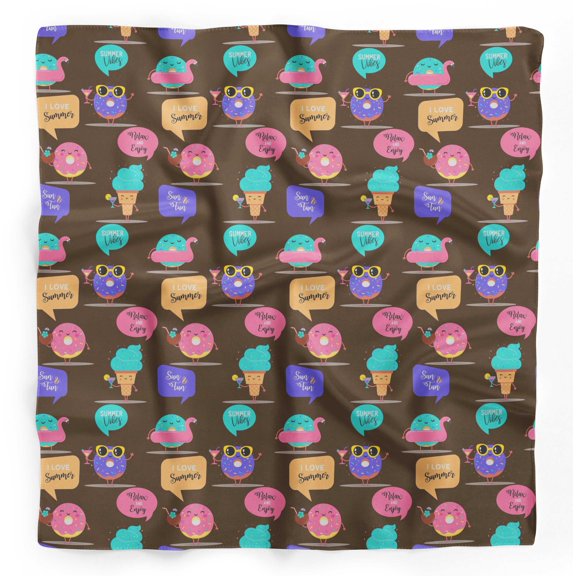 Bimba Brown Donut & Text Printed Pure Silk Scarf Neck Wrap Summer Hair Bandanas For Women 40 x 40 Inches