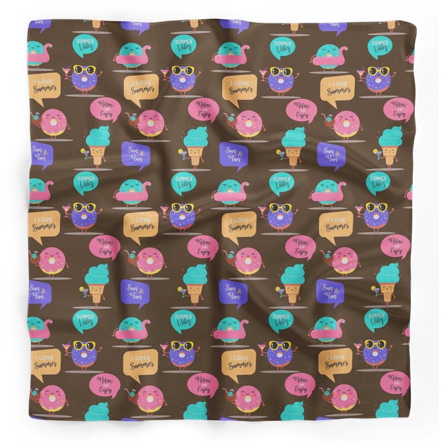 Bimba Brown Donut & Text Printed Pure Silk Scarf Neck Wrap Summer Hair Bandanas For Women 40 x 40 Inches