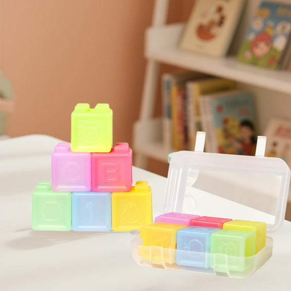 Fwttom Silicone Building Blocks, Transparent Color Toddler Toys Building Sets Boil Sterilizable, Numbers Letters Animals Fruit Shapes Building Toys for Kids Early Education