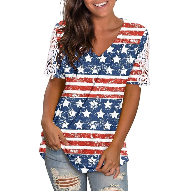 Camiseta de manga corta con cuello en V y estampado de encaje para mujer Pompotops hkajfhjk465164