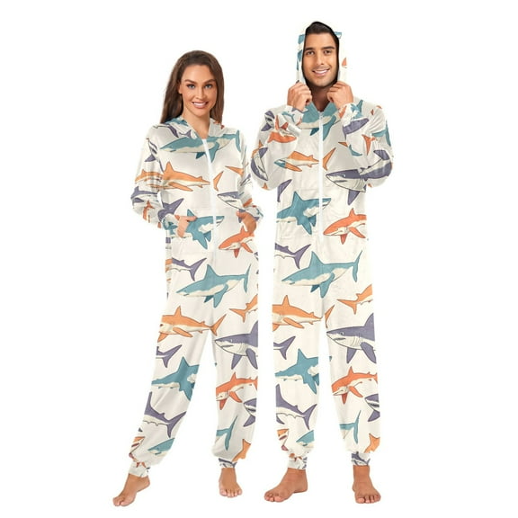 Adult Christmas Onesie Hand Drawn Shark Pattern Zipper One-Piece Pajamas Unisex with Pockets