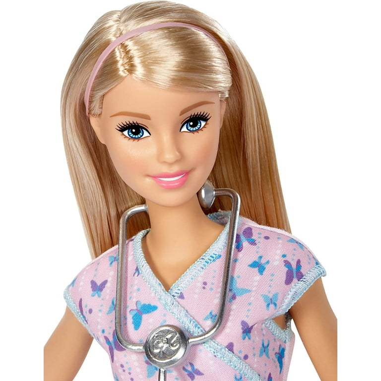 Barbie Nurse Doll with Blonde Hair Purple Scrubs and Stethoscope