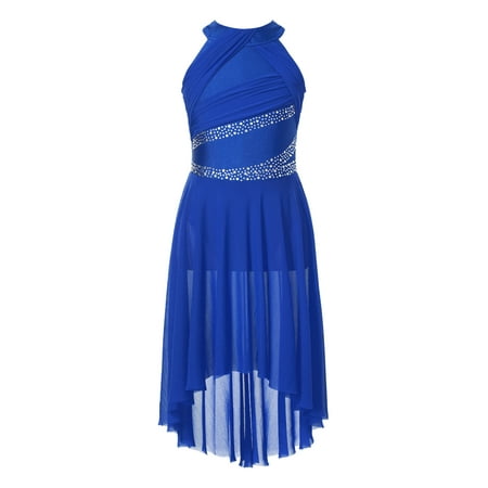 inhzoy Kids Girls Lyrical Ballet Leotard Dress Sleeveless Rhinestones Tulle Dress Dancewear Royal Blue 16