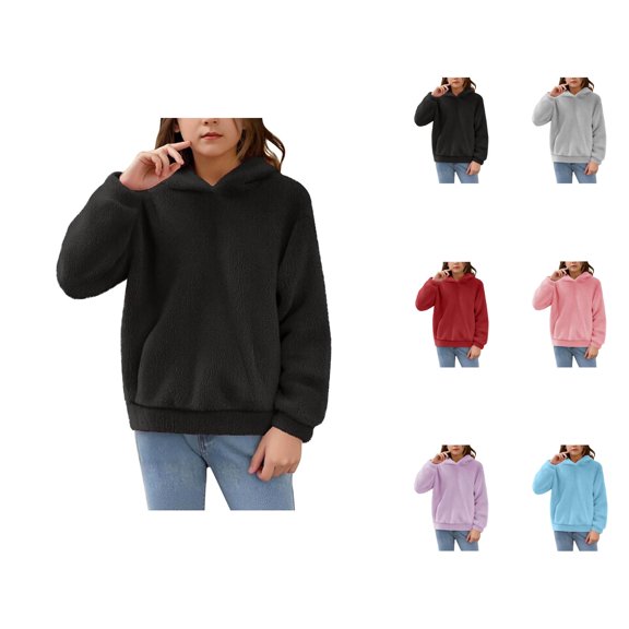 Kids Fuzzy Hoodie Long Sleeve Fall Winter Plain Cute Bear Ear Hooded Sweatshirt with Pockets Boys Girls Pullover Tops