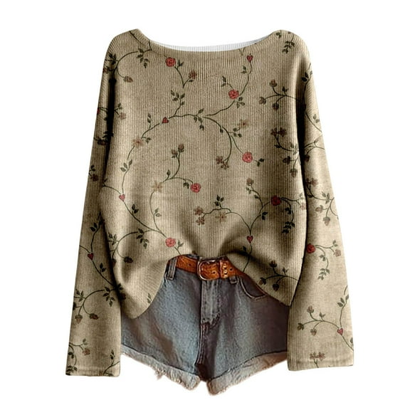 Womens Long Sleeve Shirts Tops Loose Fit With Floral Print Casual Fall Clothes for Women Tees Blouses