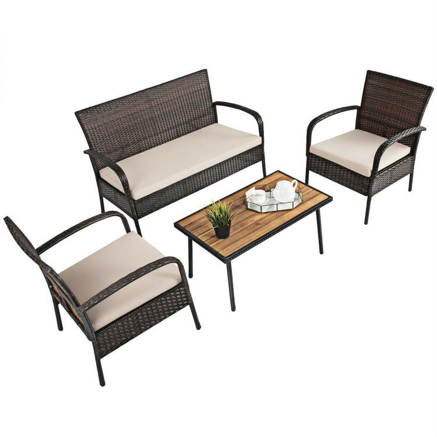 Aimee Lii 4 Pieces Patio Cushioned Wicker Conversation Set, Outdoor Sectional Set with Acacia Wood Tabletop Aimee Lii 4 Pieces Patio Cushioned Wicker Conversation Set, Outdoor Sectional Set with Acacia Wood Tabletop