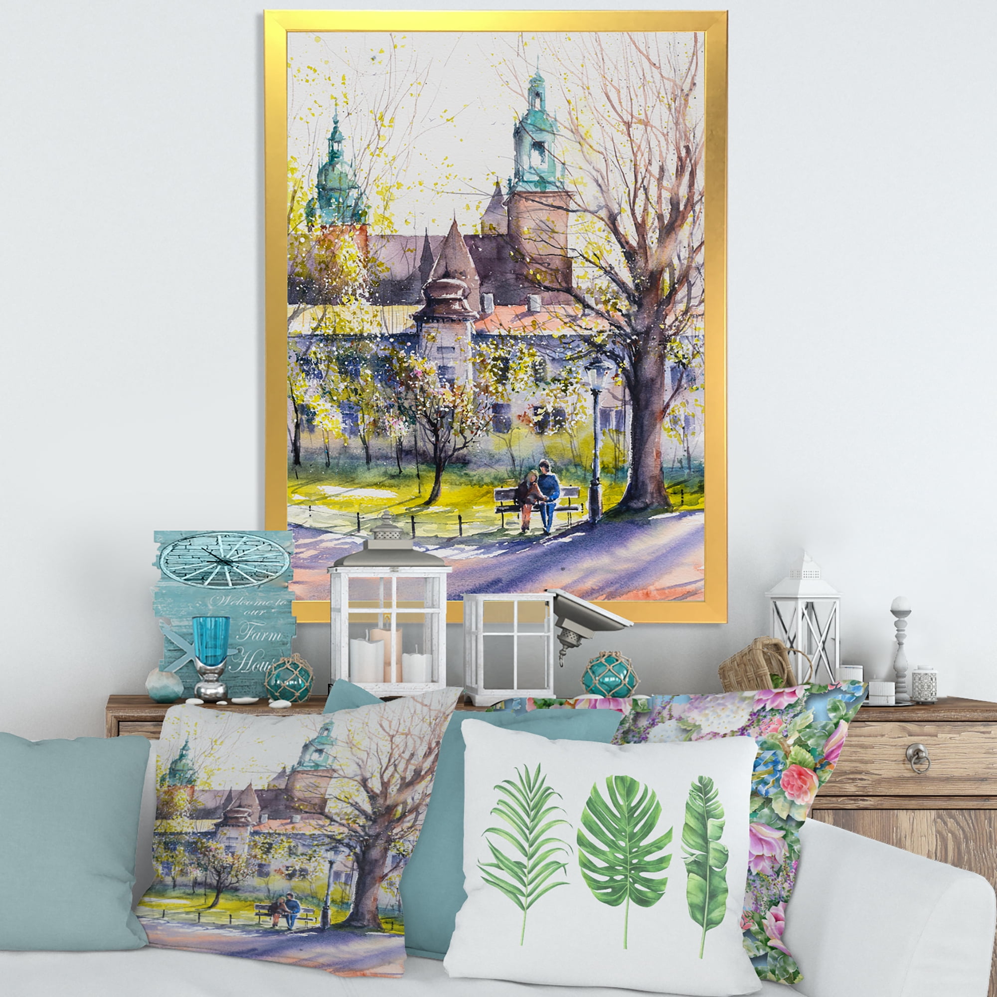 Designart 'Castel Through The Trees of The Park With Couple Sitting on Bench' Country Framed Art Print