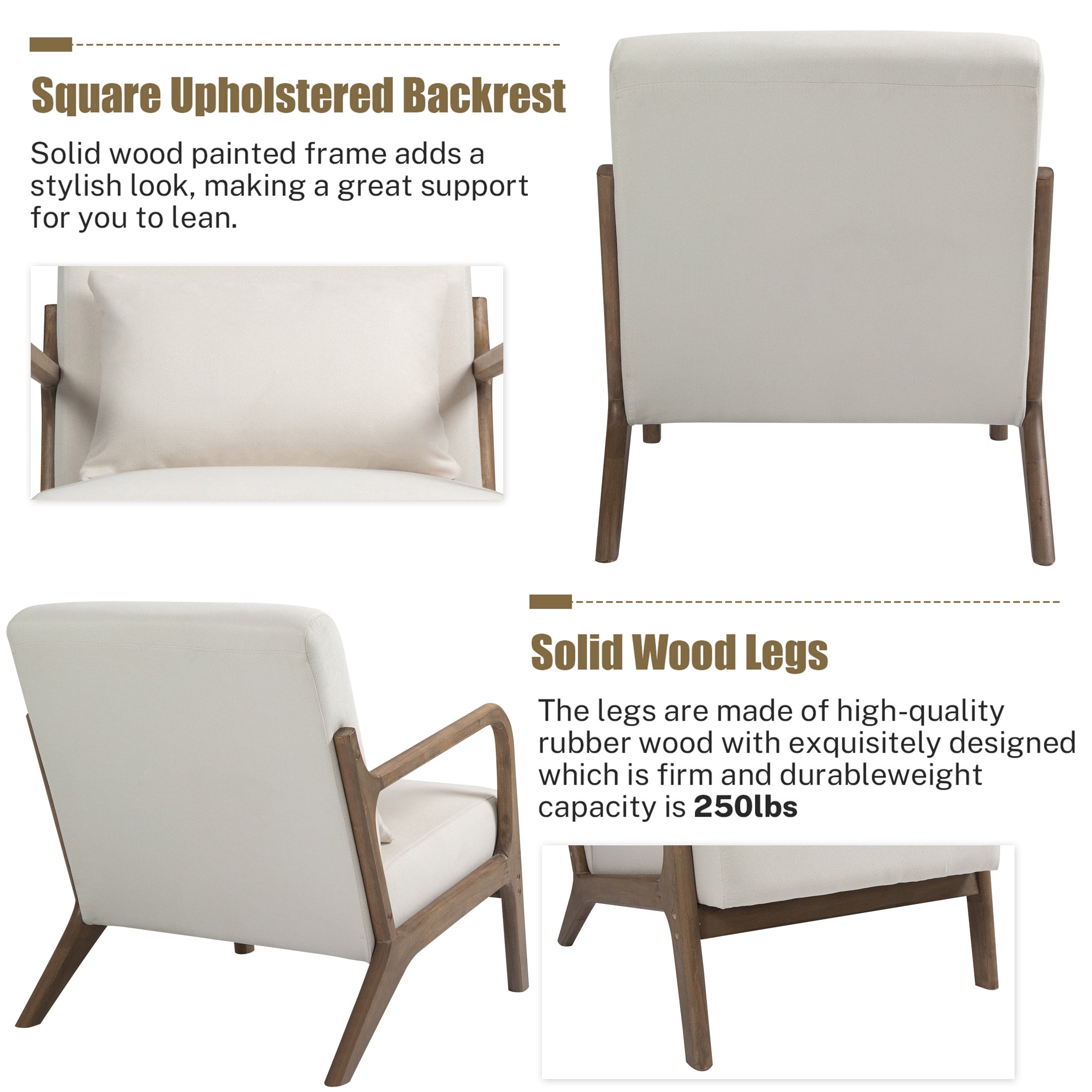 PAPROOS Accent Chair Set of 2, Mid-Century Modern Armchair with Solid Wood Frame and Pillow, Velvet Fabric Upholstered Reading Chair for Living Room Bedroom, White