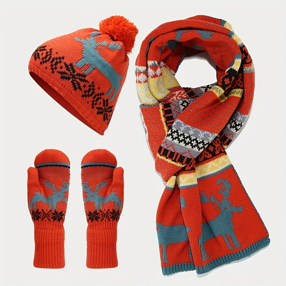 3 pièces/ensemble noël renne Jacquard chapeau mitaines écharpe ensemble automne hiver chaud résistant au froid tricot bonnet complet doigt gants extensible écharpe trois pièces ensemble
