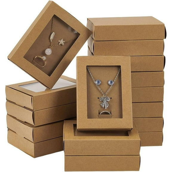 16 Sets Kraft Paper Jewelry Display Drawer Box with Clear Window 4.5x3.4x1 Inch Jewelry Necklace Boxes Ring Earring Jewelry Gift Boxes in Bulk for Earing Pendants Rings Storage DisplayBurlyWood