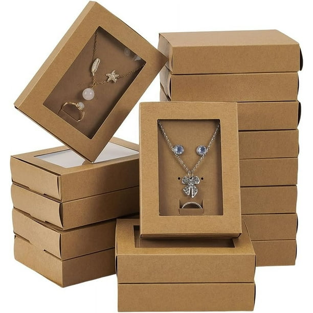 16 juegos de cajas de cartón kraft para exhibir joyas, con ventana transparente, 4,5 x 3,4 x 1 pulgadas. Cajas para collares, anillos y pendientes. Cajas de regalo para joyas al por mayor.