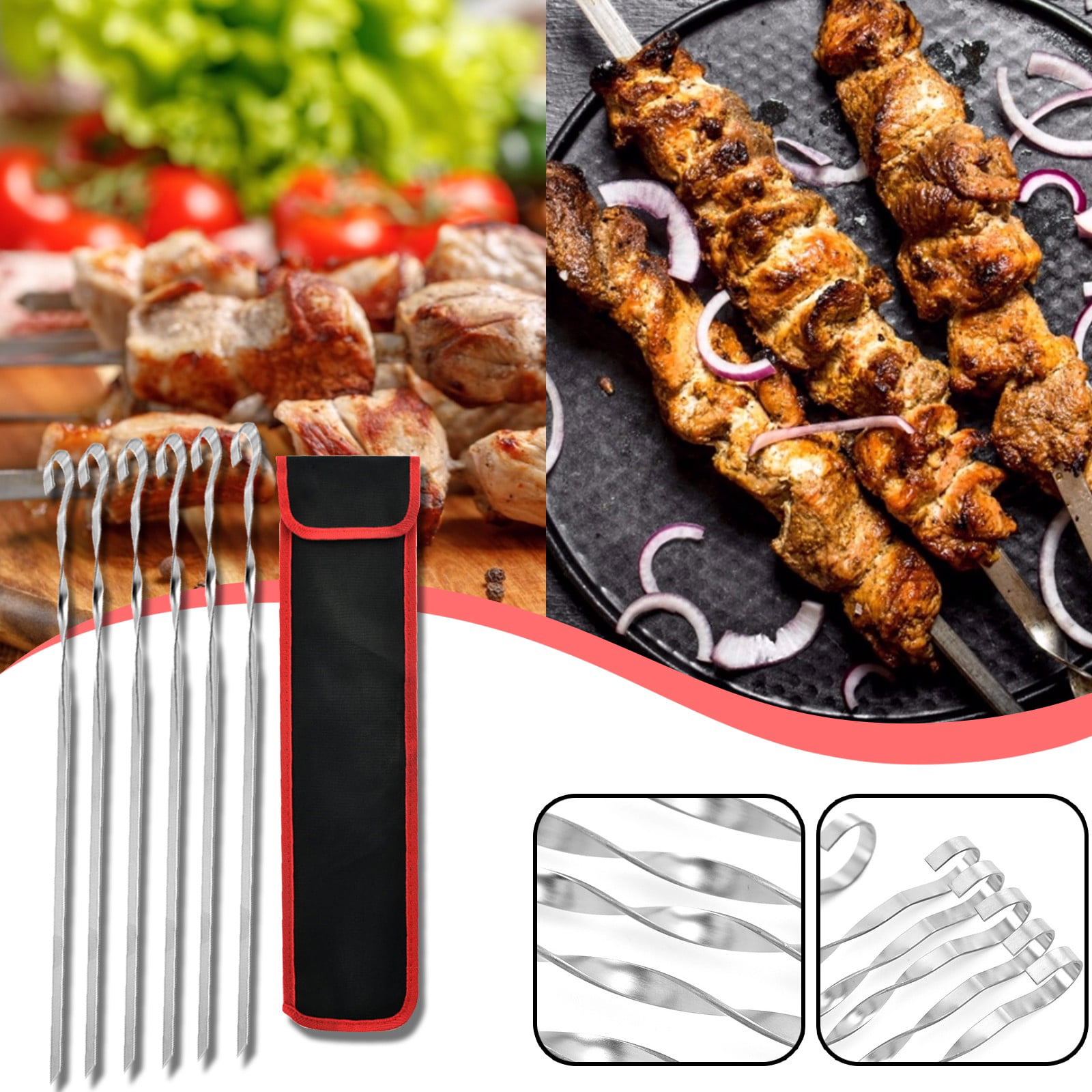 6pcs 14'' Flat Stainless Steel Kabob BBQ Skewers w/Rack Picnic Barbecue Tools 