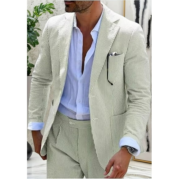 Lycody 2 piece Men Seersucker Suit Formal Slim Fit Suits for Summer Beach Wedding Grooms Blazer Pants Party Suit Sets