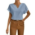 thumbnail image 2 of Basic T Shirts for Women Ladies Summer Casual Roll Short Sleeve V-Neck Solid Color Blouse Women's Shirt, 2 of 7