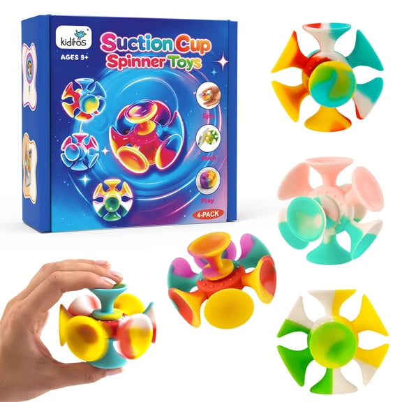 Kiditos Suction Cup Spinner Toys, 4 Pack Sensory Fidget Toys for Toddlers, Kids & Adults, Screen-Free Stick and Spin Toy for Window, Table, Car Rides, Travel, Office Desk, Party Play