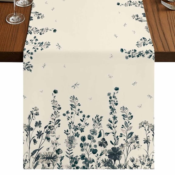 Navy Botanical 90 Inch Table Runner, Blue Dragonfly Flower Leaf Retro Style Farmhouse Dresser Scarf Cotton & Linen Tablerunner for Dining/Kitchen Island/Holiday Party Décor 13" x 90"