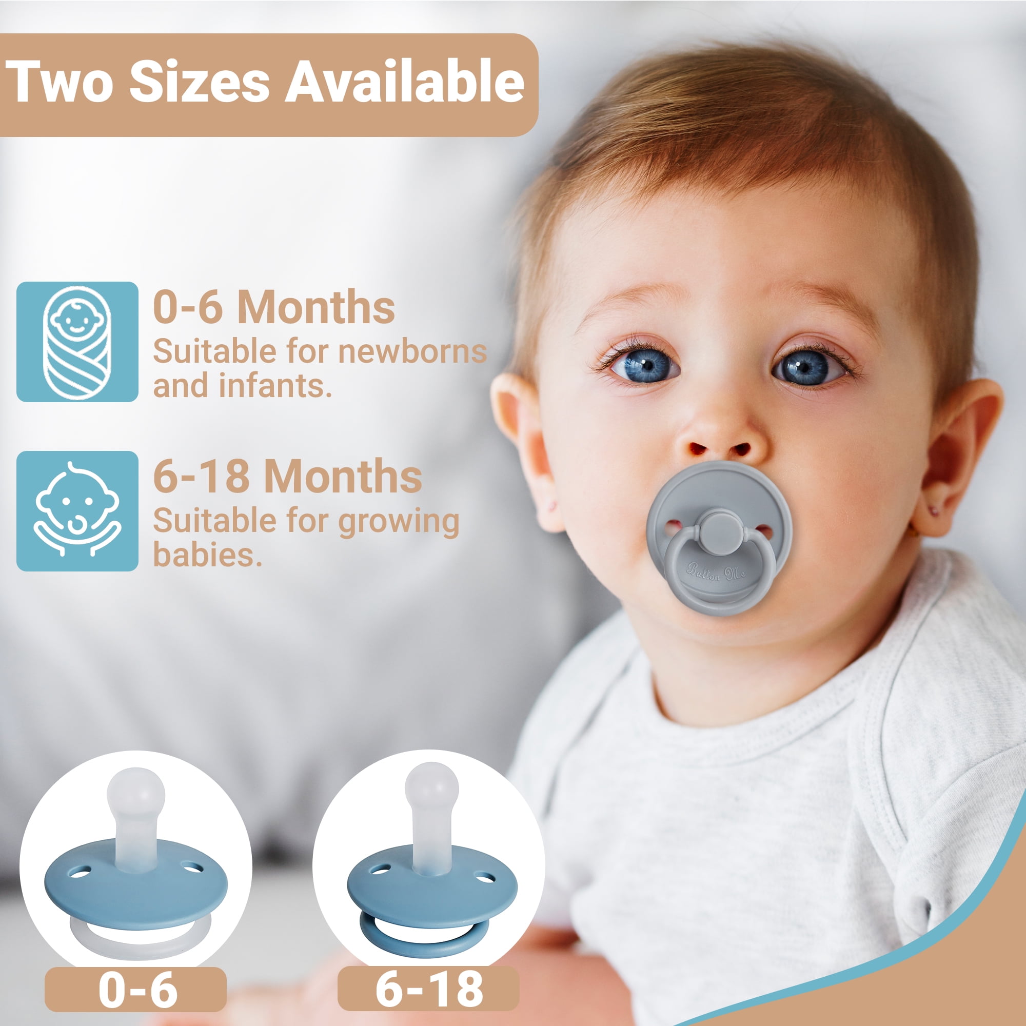 ButtonMe Baby Pacifier – Hospital-Grade Soft Silicone Infant Paci  | 2 Pack (6-18 Months, Blush / Mauve Pink)