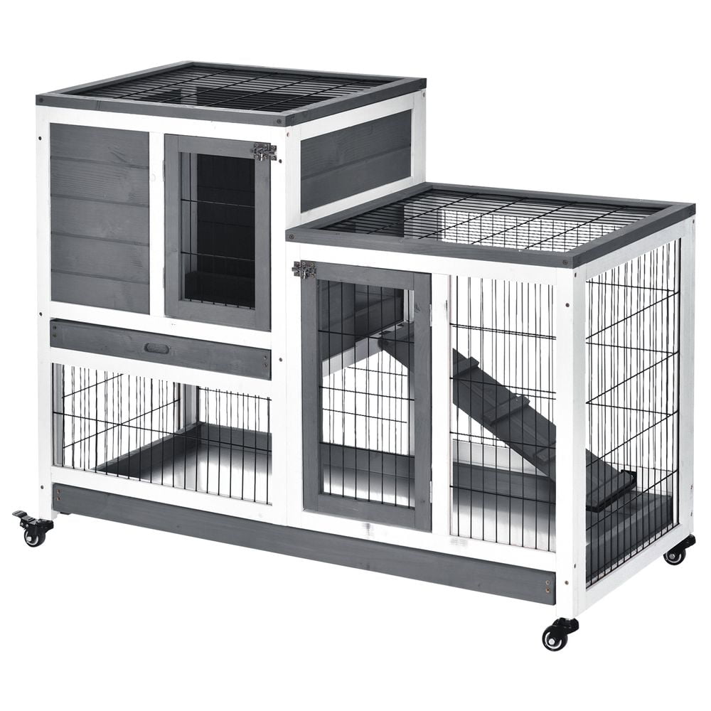 Elevated Bunny Cage Indoor Rabbit Hutch with Wheels Ramp Removable Tray for Guinea Pigs Gray