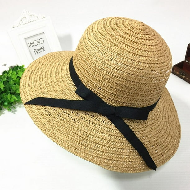 Ladies Summer Sunscreen Sun Hat Folding Travel Grass Hat Ribbon