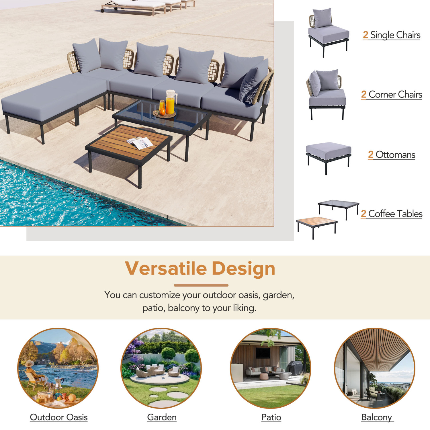 Harper & Bright Designs Outdoor Metal Conversation Furniture Set, 8 Pieces Patio L Shaped Sectional Sofa Set with Glass Coffee Table and Wooden Coffee Table for Garden Backyard, Light Gray
