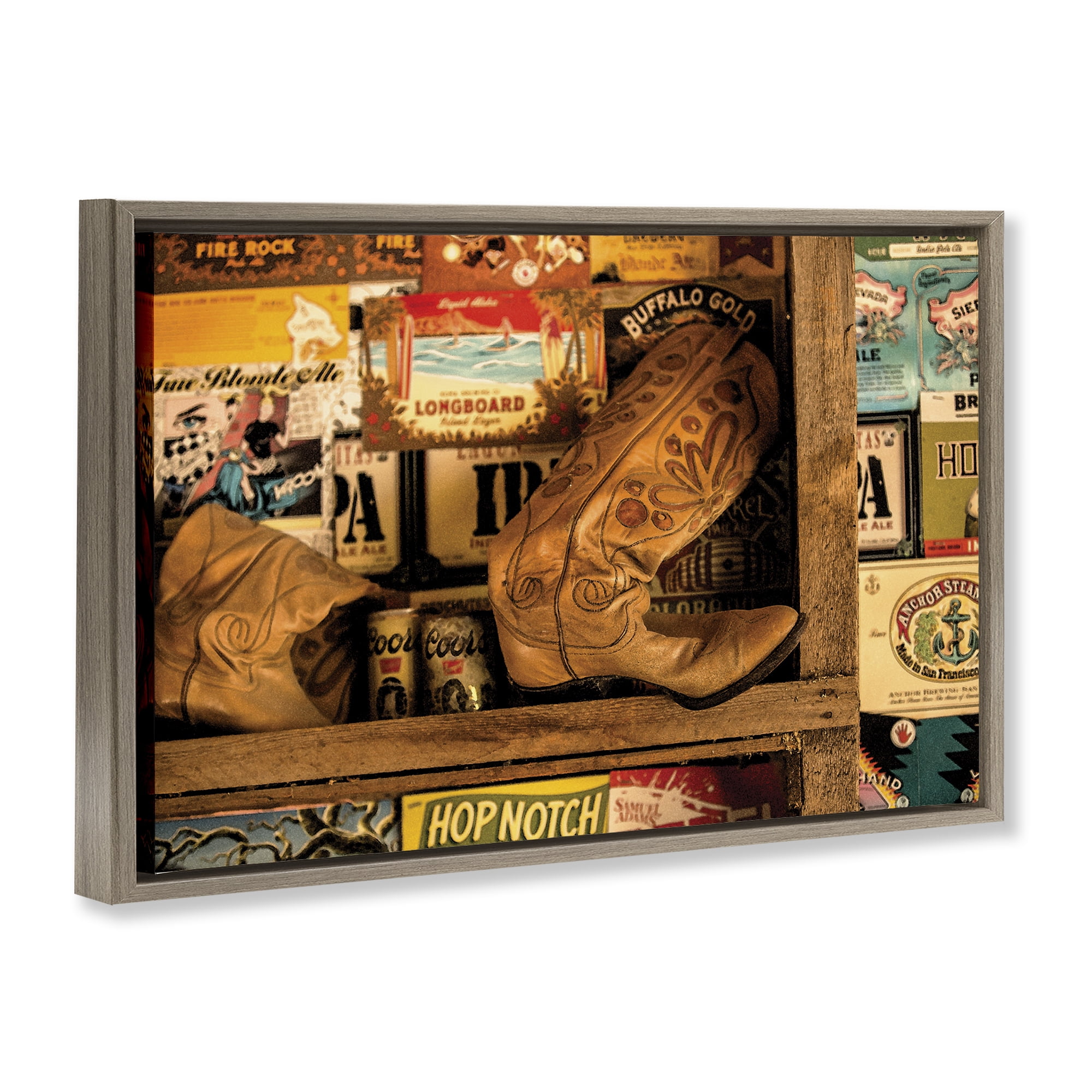 Stupell Industries Western Boots on Shelf Beauty & Fashion Painting Brown Floater Framed Art Print Wall Art, 25 x 17