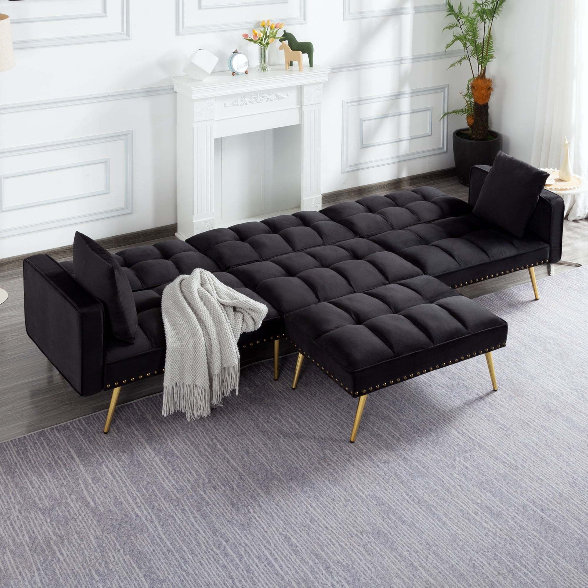 DEALTOPS 107” Convertible Sectional Sleeper Sofa Bed, Velvet L-Shaped Futon with Reversible Ottoman & Gold Legs, Black