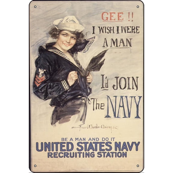 Historical US Navy WWI Recruitment Metal Tin Sign, 8x12 Inch Vintage Military War Poster Wall Decor