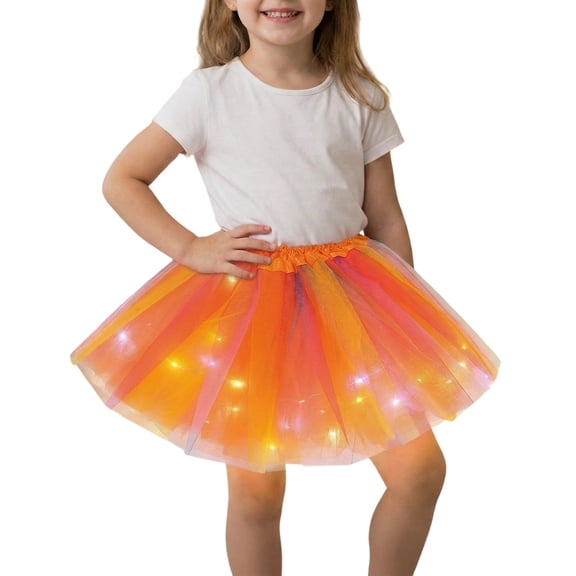 Byoo Toddler Girls' LED Light-Up Rainbow Tutu Skirt Elastic Waist Glitter Tulle Skirts Child Mini Skirt,Orange