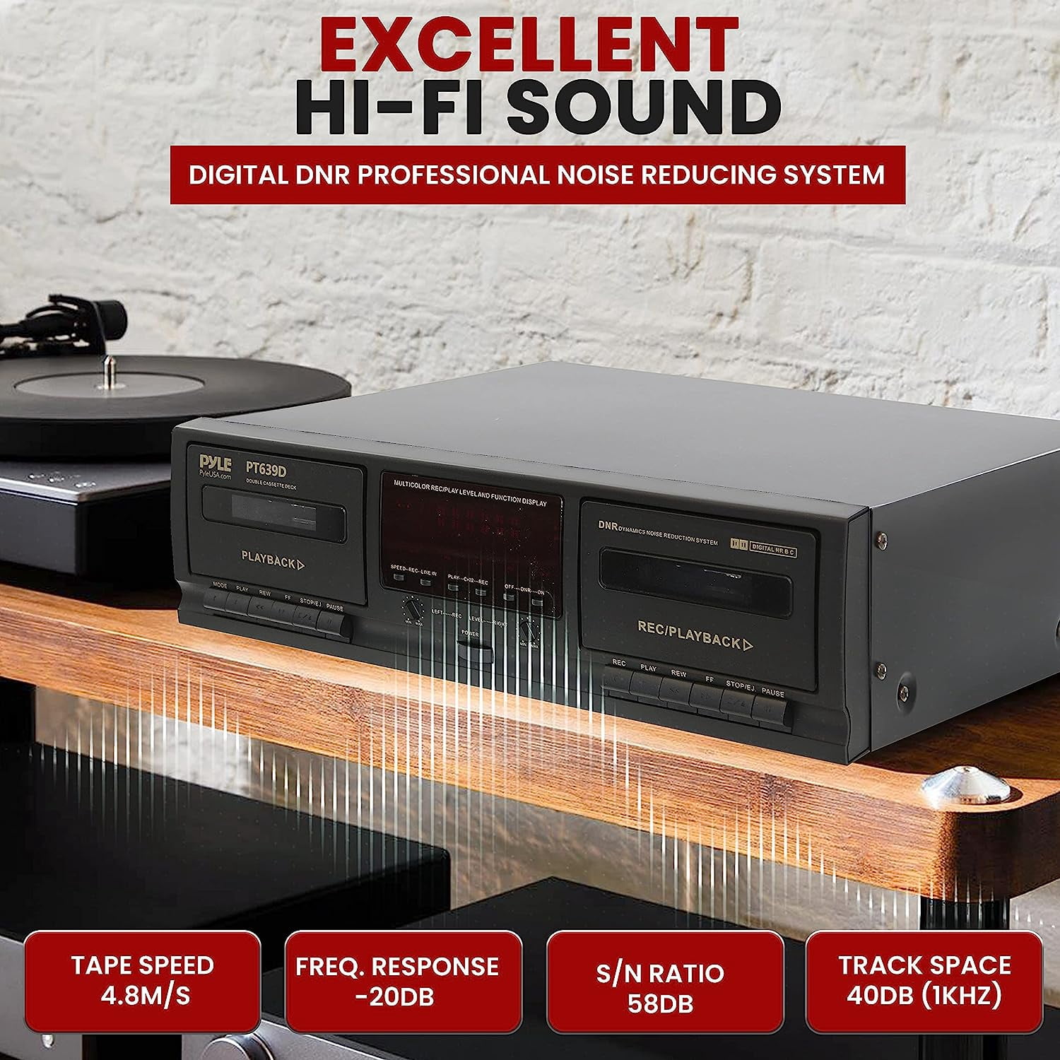 Pyle Dual Cassette Deck Stereo - Excellent Hi-Fi Sound, Compact and Portable Tape Recorder Player with Digital Professional Noise Reducing System and RCA Cables, Record & Play Audio and Music