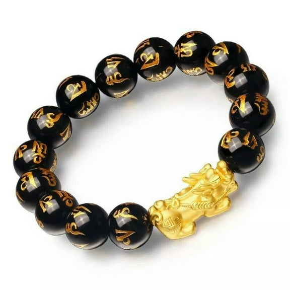 K-KED Real 24K Yellow Gold Bracelet 3D Bless Pxiu Dragon Six Sutra Agate Bead 6.7inch