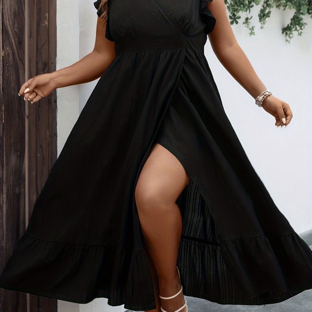 Vestido Informal De Talla Grande, Vestido Largo Con Dobladillo Cruzado Y Mangas Con Volantes Lisos Para Mujer