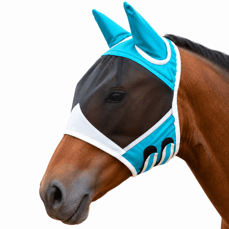 Horse Fly Mask with Ears Breathable Mesh Equine Face Mask UV Protection Anti Fly & Insect Shield for Horse Adjustable Soft Comfort Fit Horse Mask (Blue/Black)