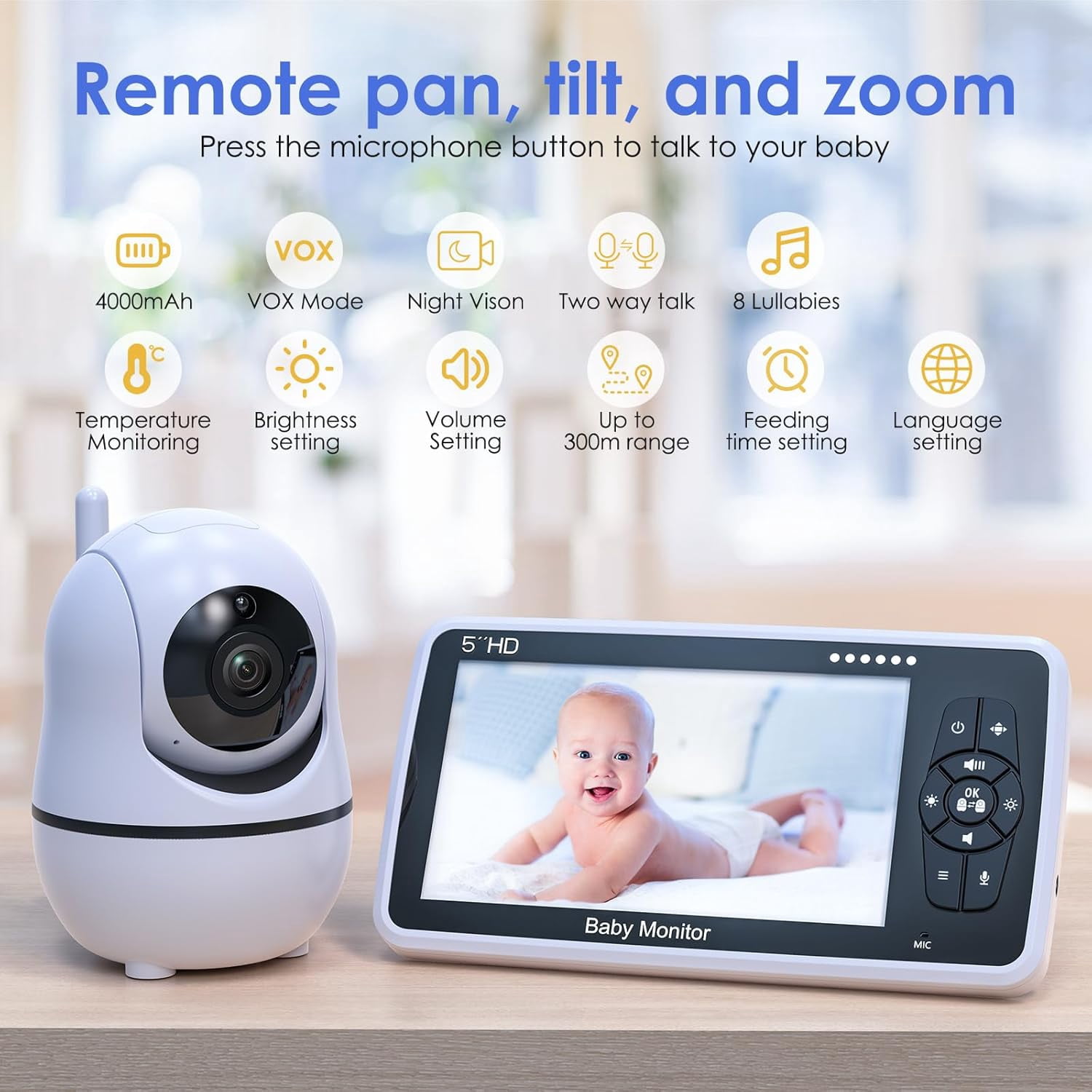 Baby Monitor with Camera and Audio, 5" IPS Display 720P HD, 4000mAh Long Battery Life, Pan-Tilt-Zoom, No WiFi, VOX Mode, Night Vision, 2-Way Audio, Temperature Sensor & Lullabies