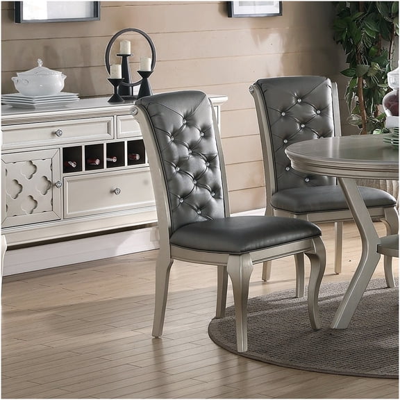 Antique Silver Dining Chairs Set of 2, Grey Faux Leather Upholstered Side Chairs with Tufted Back for Elegant Dining Room