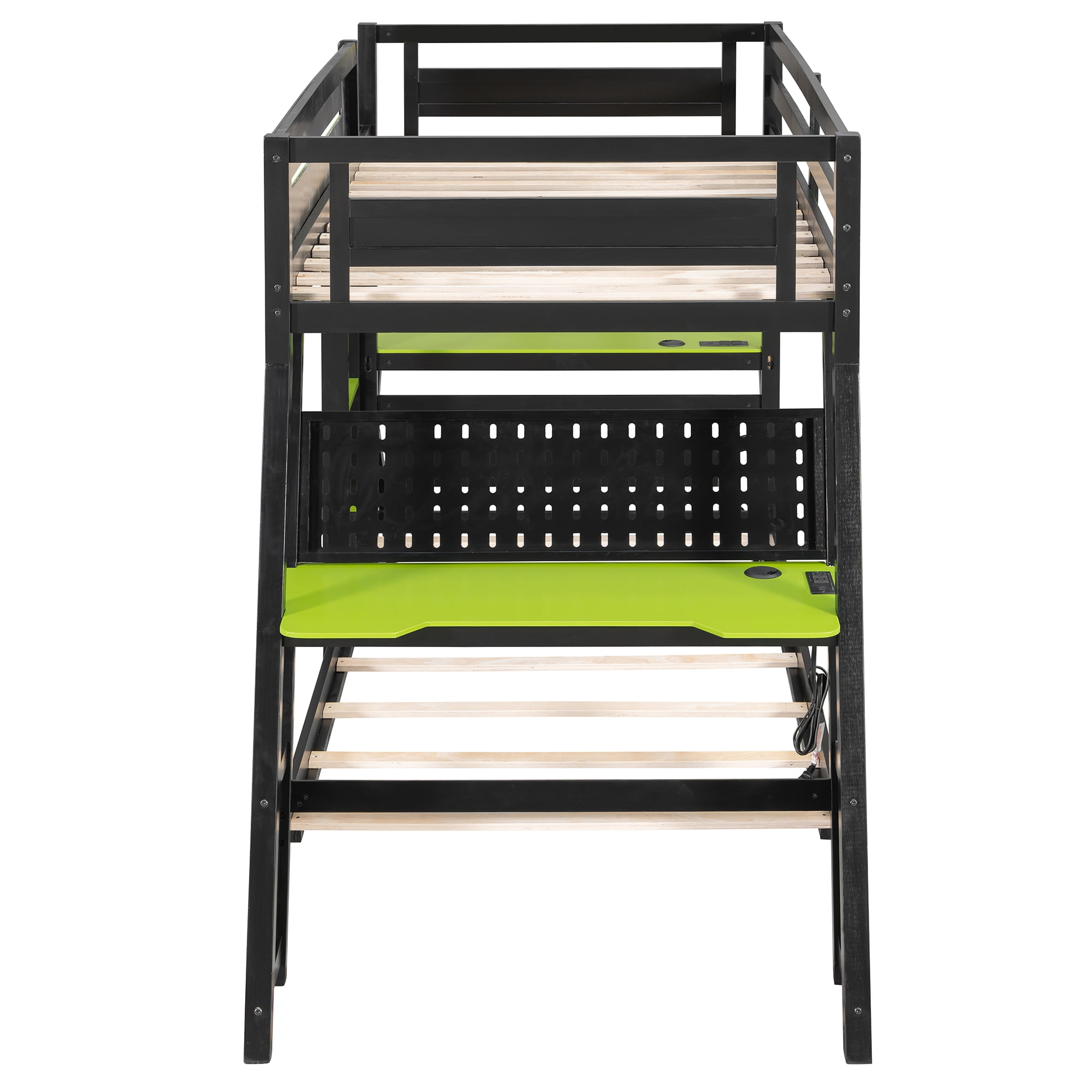 Mintazer Twin Over Twin Gaming Bunk Bed with Dual Desks, E-Sport Bunk Bed with USB Desktop Ports & Pegboard Storage for Bedrooms Dorm, Green