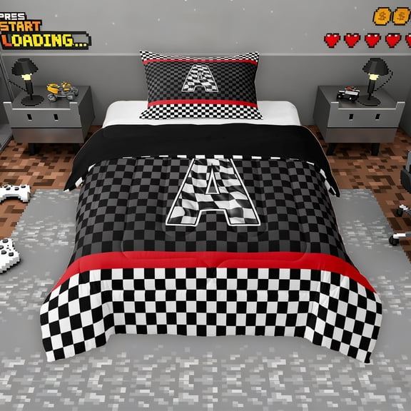 Erosebridal Racing Flag Twin Comforter Sets for Kids Boys, Monogrammed A Bedding Set, Black Reversible 2pcs, 1 Comforter and 1 Pillowcase