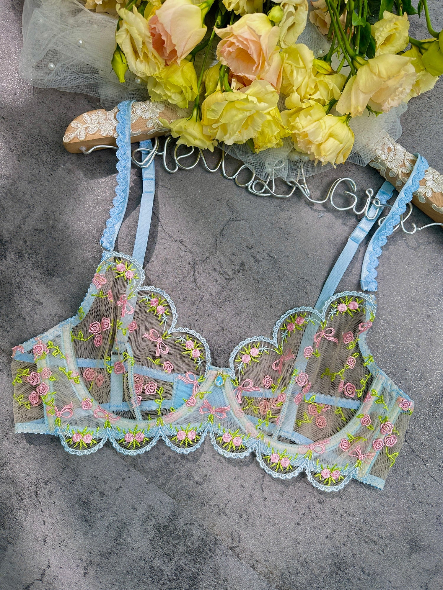 Light Blue Floral Lace Lingerie Set (BLUE, S)