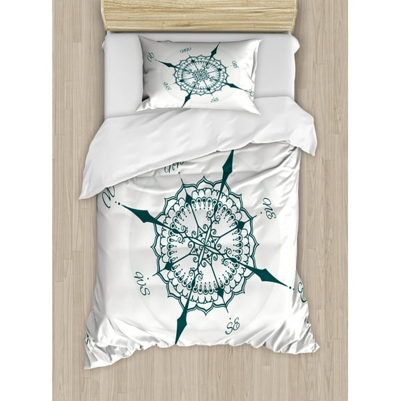Compass Duvet Cover Set Twin Size, Hand Drawn Compass with Floral Arrangement Design Compass Boating Theme Print, Decorative 2 Piece Bedding Set with 1 Pillow Sham, Cream Dark Green, by Ambesonne