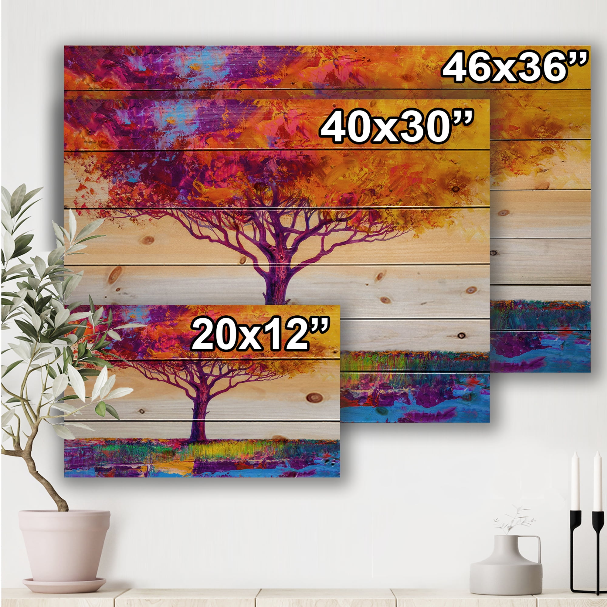 Designart 'Autumn Colored Treescape Forest XI' Farmhouse Print on Natural Pine Wood