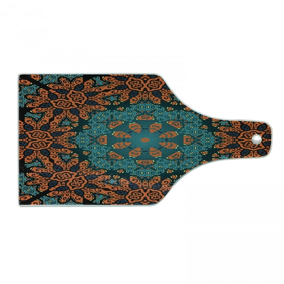 Psychedelic Cutting Board, Round Flowers Floral Patterns Surreal Motif Boho Hippie Style Image, Decorative Tempered Glass Cutting and Serving Board, Wine Bottle Shape, Teal Orange, by Ambesonne