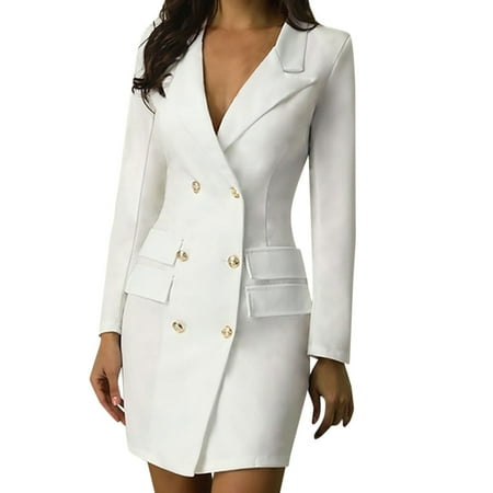 

Womens Elegant Long Sleeve Suit Dress Solid Double Breasted Blazer Dress V Neck Lapel Dress Knee Length
