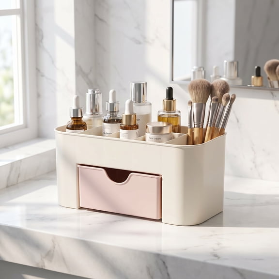Acrylic Makeup Drawer Organizer for Vanity – Large Capacity Cosmetic Storage Case with Brush Holder, Countertop Skincare & Perfume Organizer for Bathroom, Dresser, Counter