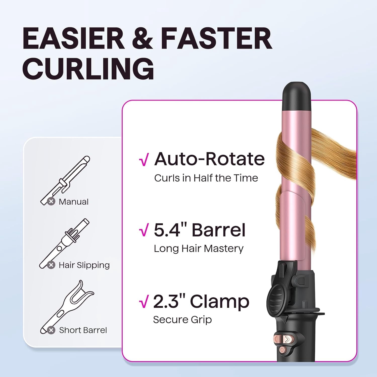 Curl Cycle, 1 Inch Automatic Curling Wand for Long Hair, Get Effortless Beach Waves with Self Spinning Barrel up to 430°F with Home Button, Dual Voltage, Rose Gold