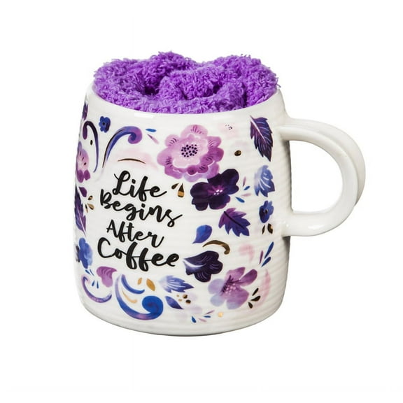 Evergreen Ceramic Cup and Sock Gift set, 12 OZ, Life Begins after Coffee, 4.5'' x 3.5'' x 3.75'' inches
