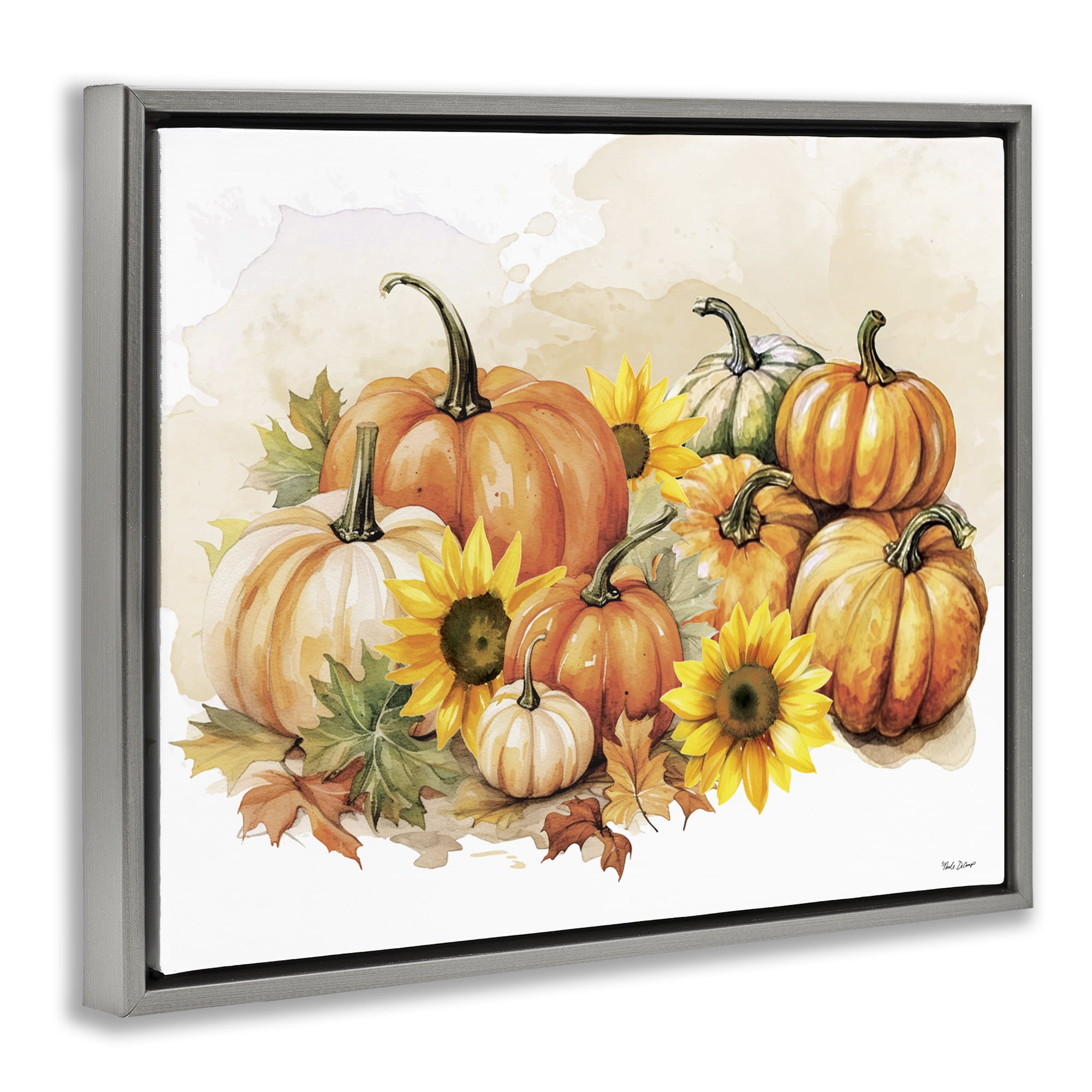 Stupell Industries Pumpkin & Sunflower Bundle Botanical & Floral Painting Gray Floater Framed Canvas Art Prints Wall Art, 31 x 25