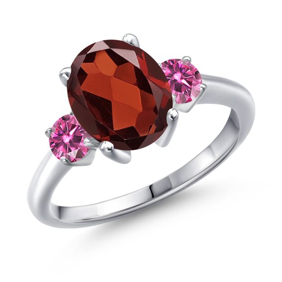 Gem Stone King 925 Sterling Silver Ring Oval Red Garnet and Vivid Pink Moissanite (3.26 Cttw, Size 9)